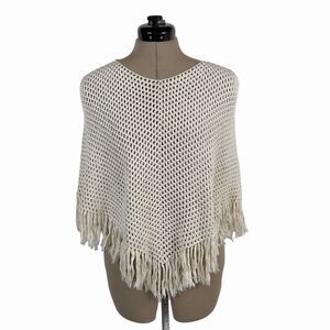 White + Warren Silk Blend Crochet Fringe Poncho M/L Off White Boho Cape  Coastal
